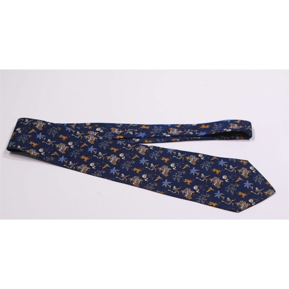 Salvatore Ferragamo Blue Safari Flamingo Monkeys Silk Necktie Tie - Picture 2 of 7